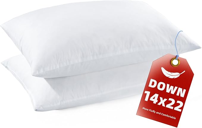 YSTHER Down Feather Throw Pillow Inserts 14x22 Set of 2 Firm Large Lumbar Pillows for Bed Decorative Couch Soft Pillows for Sleeping Indoor White Cotton Pillow Sofa Travel