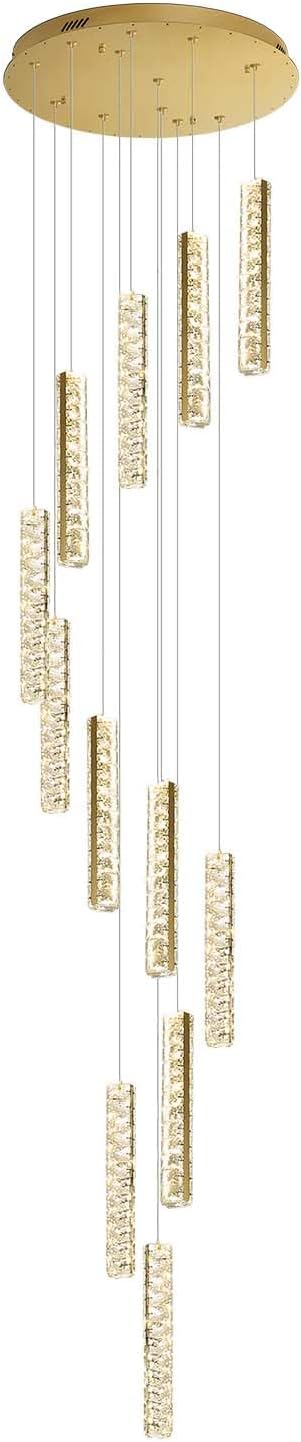 Long Spiral Crystal Chandelier Lighting for Foyer 12-Light Gold Staircase Chandelier High Ceiling Slopped LED Dimmable 2700K-6000K