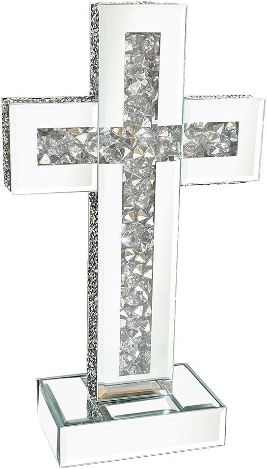 Aeveco Silver Mirrored Cross, Crystal Crush Diamond Cross for Living Room, Bedroom, Home Decor