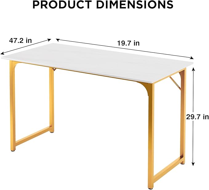 PayLessHere | 47 Inch Computer Desk | White Gold | Office Desk with Metal Frame, Adjustable Feet | Water-Resistant, Scratchproof Surface | Sturdy Writing Table for Home Office or Study | Pack of 1