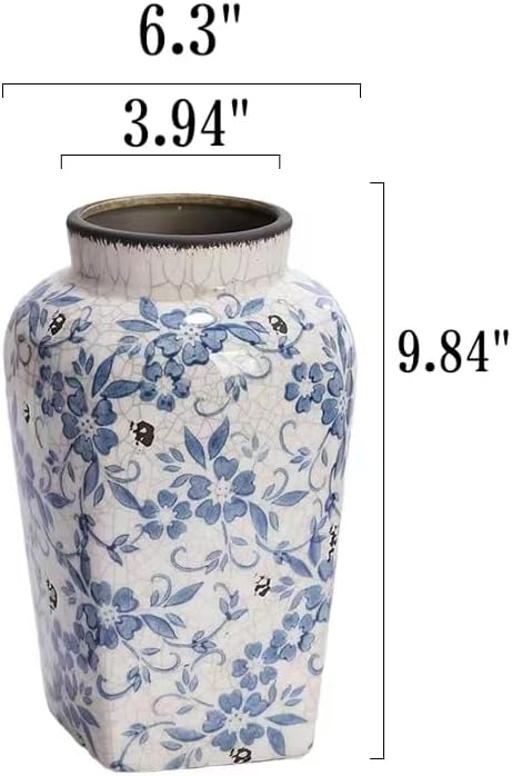 Blue and White Floral 10inch Ceramic Flower Vase, Traditional Chinese Style, Decorative Porcelain Container
