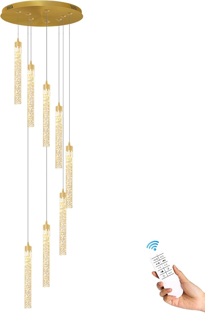 8-Light Led Chandelier, Gold Crystal Modern Led Chandelier for Dining Room, Luxury Enterway Led Dimmable Pendant Lights Fixture with Remote Control Flush Mount