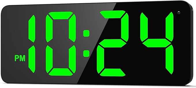 LED Digital Wall Clock with Large Display, Big Digits, Auto-Brightness, 12/24Hr Format, Modern Electric Small Silent Wall Clock for Living Room, Bedroom, Classroom, Farmhouse, Kitchen, Office - Green