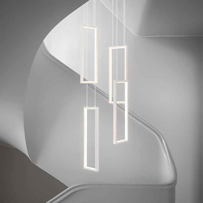 Modern Kitchen Island Dimmable Pendant Light Fixture White 54W LED Pendant Lights 4 Rings Rectangular Chandelier Staircase Large Chandelier Lobby Living Room Foyer High Ceiling Chandeliers