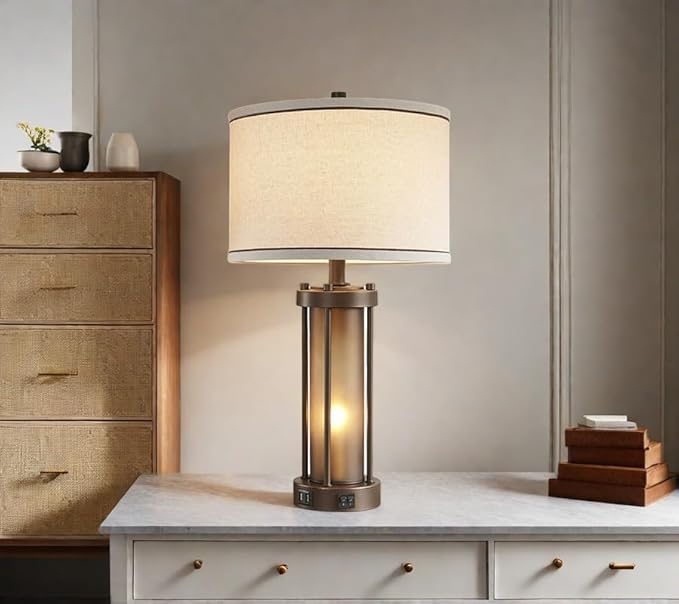 Farmhouse Table Lamps for Living Room with 2 USB Charging Ports, Vintage Rustic Nightstand Lamp with Amber Glass Nightlight, Retro Desk Lamp for Bedroom Entryway, 2 Bulbs Included