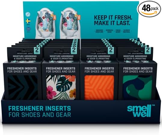 SmellWell - 24 Pack Scented Shoe Deodorizer Inserts - Odor Eliminators - Activated Bamboo Charcoal + Minerals - Natural Fresheners for shoes, bags, gloves - 48 x 1.8oz Team Pack