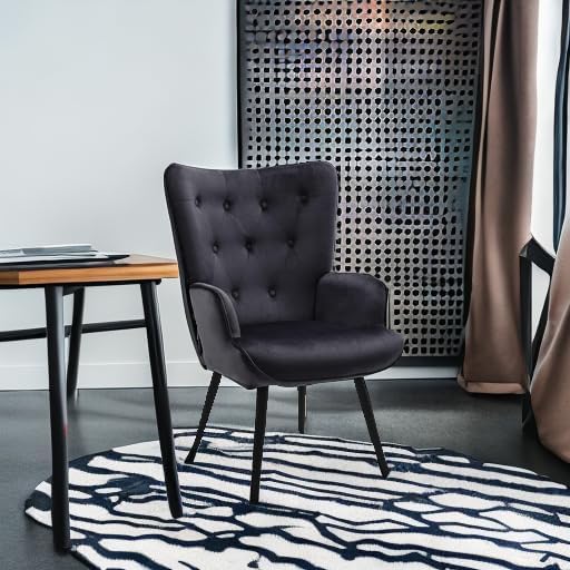 Furnimart Black Velvet Accent Chair Mid Century Modern Living Room Chairs; Comfy Armchair Leisure Vanity Guest Wingback Chair for Office Study Vanity Bedroom Waiting Room