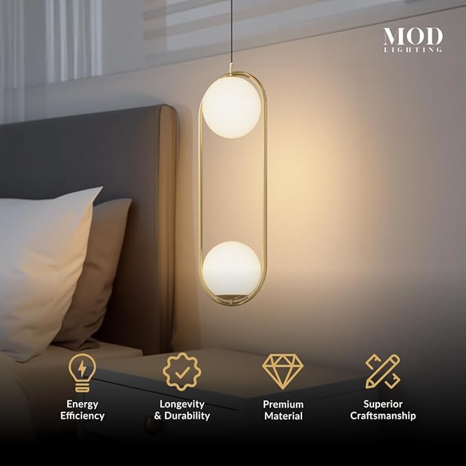 𝗠𝗢𝗗 𝗟𝗜𝗚𝗛𝗧𝗜𝗡𝗚 Jewels & Pearls | Modern Gold Pendant Light Fixtures, Globe Pendant Lights for Kitchen Island Lighting, Dimmable LED Bulb Included, 1 Pack (Gold | Warm White | Long Oval)