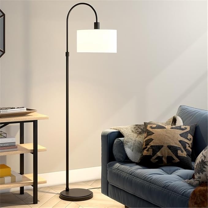 Veronica Arc Floor Lamp with Fabric Shade in Blackened Bronze/White