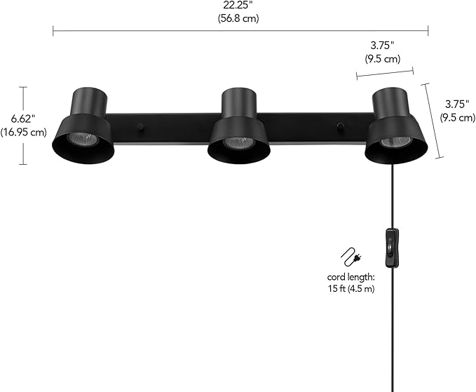 Globe Electric 64000115 22" 3-Light Plug-in Track Lighting, Matte Black, Pivoting Track Heads, 15-Foot Black Cord, in-Line on/Off Rocker Switch
