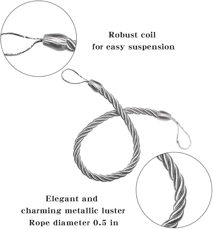 BEL AVENIR Curtain Ropes Tiebacks Tie-Backs, Curtain Handmade Holdbacks with 2 Metal Screw Hooks - Silver 2 Pack