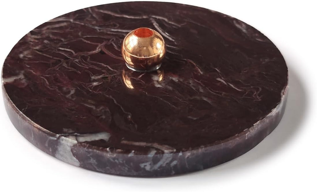 Golden Cherry Stick Incense Holder – Natural Cherry Marble Base with Brass Details, Elegant and Unique Aromatherapy Accessory for Home Decor