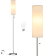 Ambimall Floor Lamp for Living Room with 3 Color Temperatures Bulb, 64" Standing lamp with Linen lampshade for Bedroom, Minimalist Pole Lamp, White Shade & Silver Pole