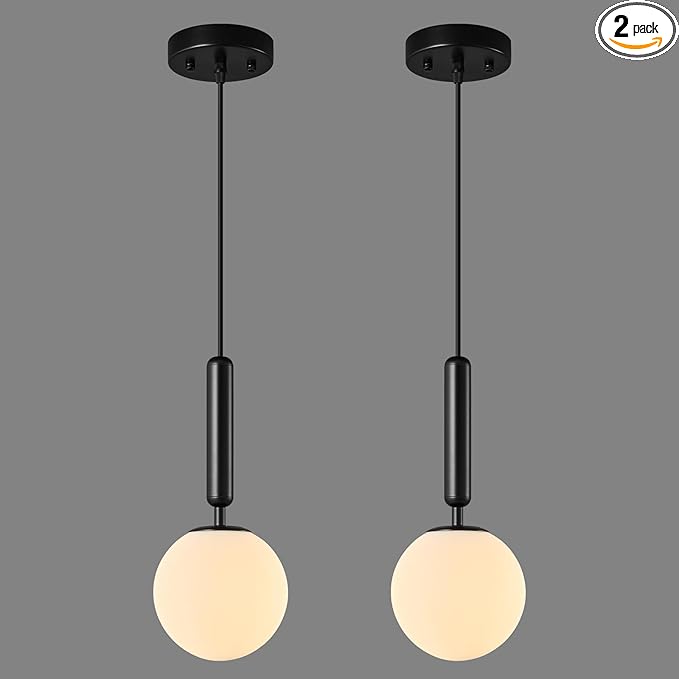 Modern Hanging Light Fixture Pendant Lighting for Kitchen Island Mid Century Black Pendant Lights with Globe Milky White Glass Pendant Light for Bedroom Bathroom Entryway (2 Pack)
