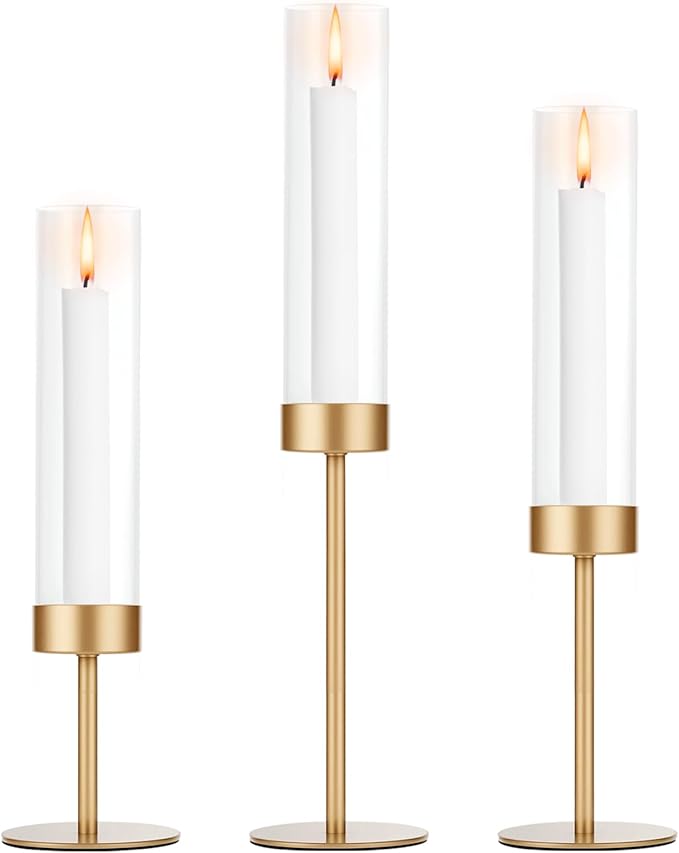 Gold Candle Holders Set of 3 for Glass Taper Candle Holders,Hurricane Candlestick Holder for Wedding, Dinning, Party Decorative, Home Decor, Anniversary，3 Brass