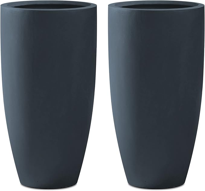 Kante 23.6" H Charcoal Concrete Tall Planters (Set of 2), Large Outdoor Indoor Decorative Plant Pots with Drainage Hole and Rubber Plug, Modern Style for Home and Garden