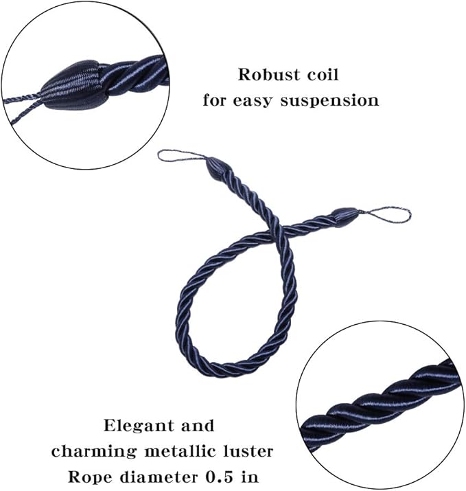 BEL AVENIR Curtain Rope Tiebacks, Drapery Rope Holdbacks with 4 Metal Screw Hooks (Navy, 4pack)