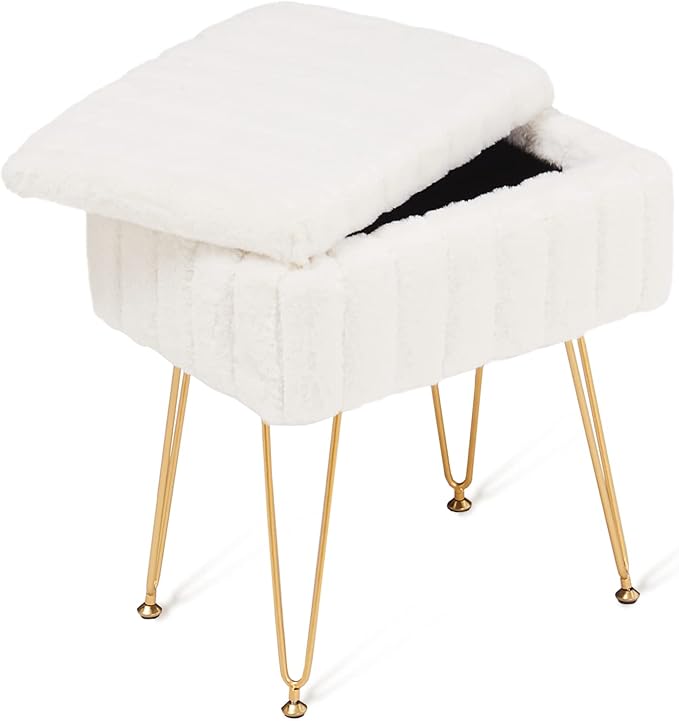 Wimarsbon Storage Ottoman, Vanity Stools with Metal Legs, 16.5" x 11.8" x 18" Modern Faux Mink Fur Footstool, Makeup Chair with Anti-Slip Feet, Accent Table,Footrest,Storage Bench for Bedroom