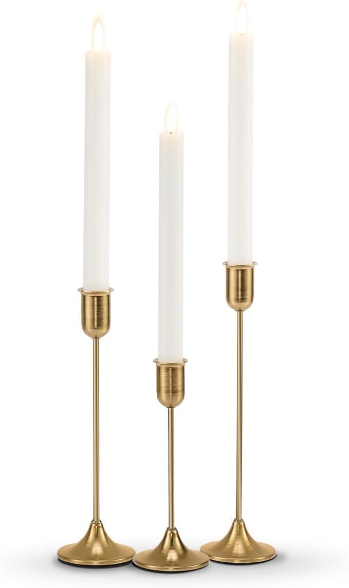 Candlestick Holders, Taper Candle Holders Set of 3, Gold Vintage Candle Sticks Holder Decor for Table Centerpiece, Fireplace Mantel, Weddings & Housewarming Décor with Gift Box