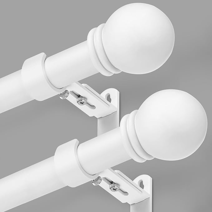 Curtain Rods for Windows 16 to 76 Inches, Curtain Rod Max Adjustable Length of 88 IN, 6/8" Diameter Drapery Rods Round Finials, White, Pack of 2