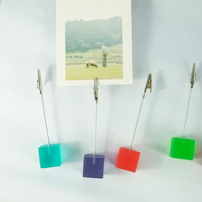 10 pcs Cube Base Picture Holders with Clip, Cute Polaroid Desktop Photo Paper Clip Stand for Paper Name Place Card Postcard Memo Menu Note Picture Christmas Wedding Number Card Display