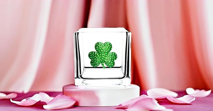 THE QUEENS' JEWELS Shamrock Jeweled 4x4 Candle Holder Vase - Unique Gift for Women, Birthday, Cute, Fun, Cocktail, Queen, Not Painted, Decorated, Bling, Bedazzled, Rhinestone