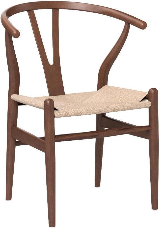 Wishbone Chair Natural Solid Wood Dining Chair/Hans Vegner Y Chair Rattan and Wood Accent Armrest Chairs (Ash Wood - Walnut)
