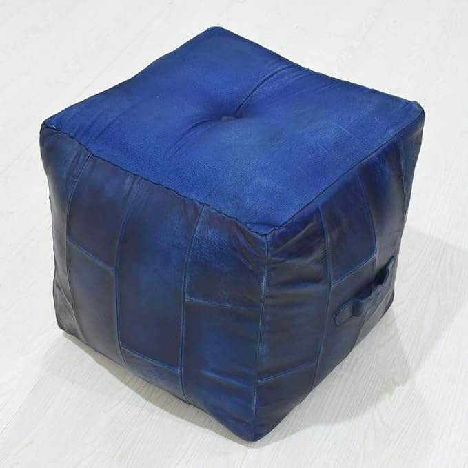 Square Shaped Buffalo Leather Handmade Eco-Friendly Vintage Blue Pouf-Square Pouf, 14"x14"x14", Geometric Pouf, Buffalo Leather Pouf, Recycled Foam with Fibre Fill Stuffed Pouf, Leather Pouf PF25