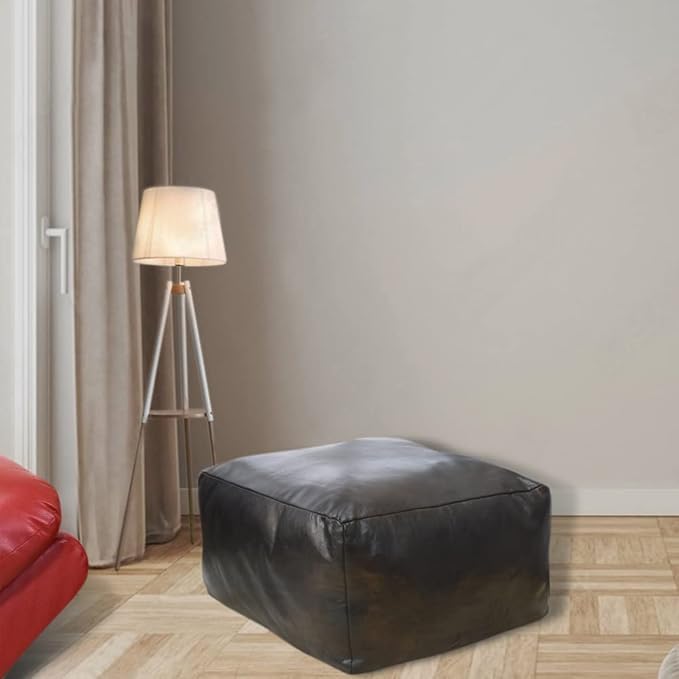 Square Shaped Goat Leather Handmade Eco-Friendly Chocolate Brown Pouf -Square Pouf, 21"x21"x12", Plain Solid Pouf, Goat Leather Pouf, Recycled Foam with Fibre Fill Stuffed Pouf, Leather Pouf PF12