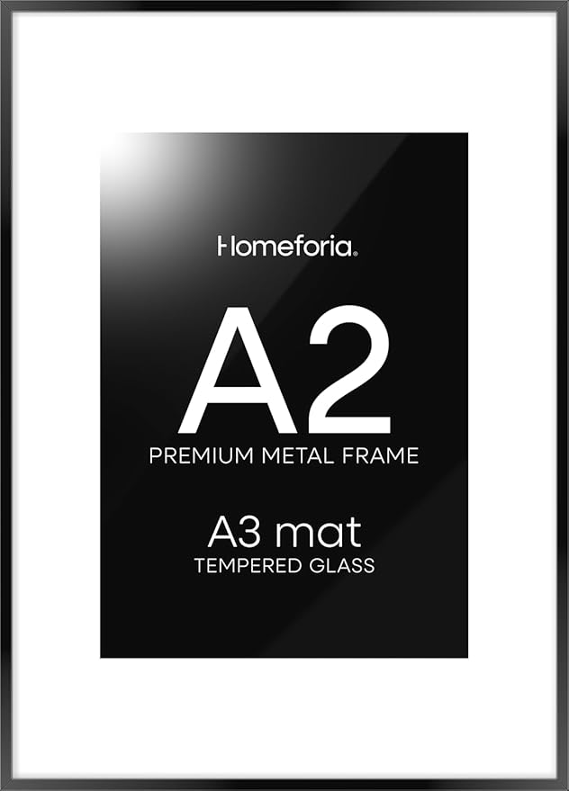 Homeforia A2 Picture Frame Black, High End Metal 16.5 x 23.5 inch Poster Frames with Mat 11.7 x 16.5 for Photo, A2 Size Frames Matted to A3 Print, 16.5 by 23.4 Hanging Frames, Tempered Glass, Set of 1