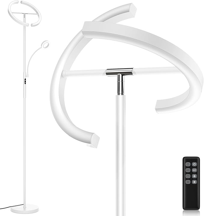 White LED Floor Lamp - Dimmable 2 Lights Standing Lamp with Remote&Touch Control, 4 Color& 10 Brighness Adjustable Floor Reading Light, Modern Tall Lamp for Living Room Bedroom Office Corner