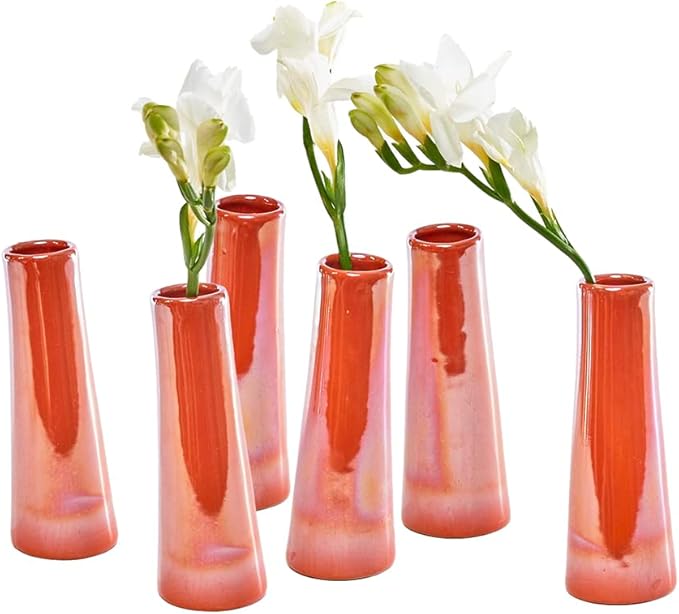 Chive - Set of 6 Galaxy, Small Cylinder Ceramic Bud Flower Vase, Unique Single Flower Decorative Floral Vase for Home Decor, Bulk (Orange)