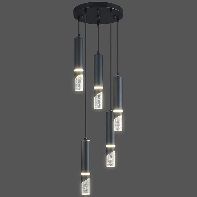 Modern Dimmable Led Pendant Lights Kitchen Island, Ideal for Living Room, Bedroom,Sink 30w LED Crystal Energy-Saving Hanging Lamp for Cozy Lighting (Black 5 Light)