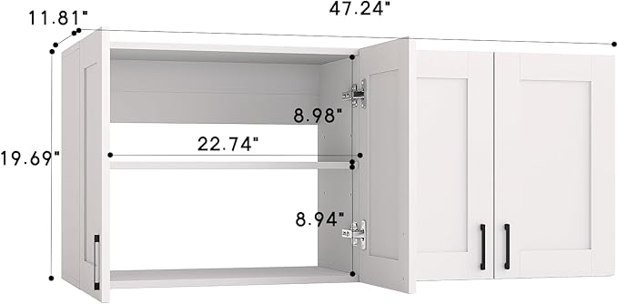 White Laundry Room Cabinets and Storage with 4 Doors and Utility Adjustable Shelf，Gabinetes Para Cocina Cupboard Kitchen Organizers and Storage Pantry Wall Mounted 12.4"D x 47.2"W x 19.7"H