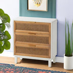 COZAYH Farmhouse 3-Drawer Nightstand, Rattan Cane Front Accent Dresser with Brass Pull, Distressed White