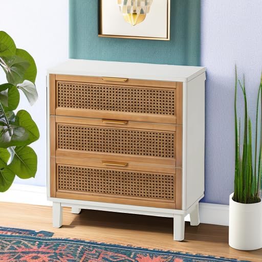 COZAYH Farmhouse 3-Drawer Nightstand, Rattan Cane Front Accent Dresser with Brass Pull, Distressed White