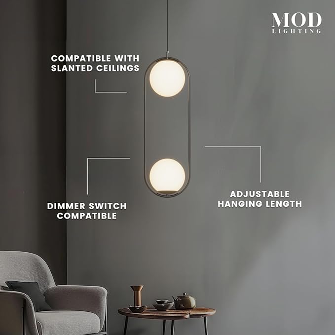 𝗠𝗢𝗗 𝗟𝗜𝗚𝗛𝗧𝗜𝗡𝗚 Jewels & Pearls | Modern Black Pendant Light Fixture, Globe Pendant Light for Kitchen Island Lighting, Dimmable LED Bulb Included, 1 Pack (Black | Warm White | Long Oval)