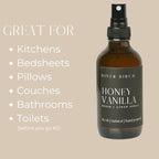 River Birch Luxury Linen and Room Spray - Home Signature Scent Honey Vanilla Room Fragrance Spray - Fragrant Fresh Linen Air Freshener For Bedding - Handmade in Texas - 4 oz Glass Amber Bottle