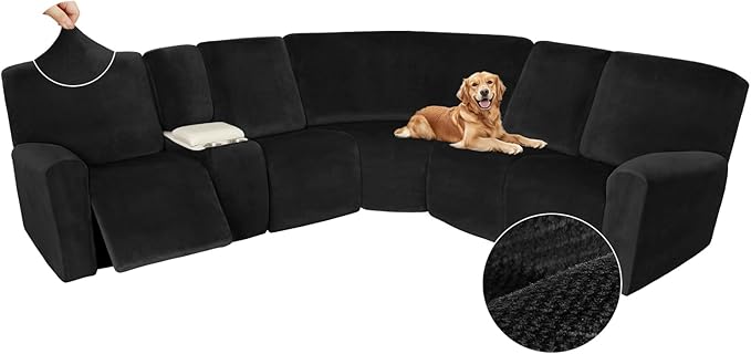 Arfntevss Sectional Recliner Couch Covers Velvet Washable Corner Sectional Sofa Cover for Reclining Stretch Soft Thick L Shape Recliner Slipcover Set (5 Seat with 1 Console Cover, Black)