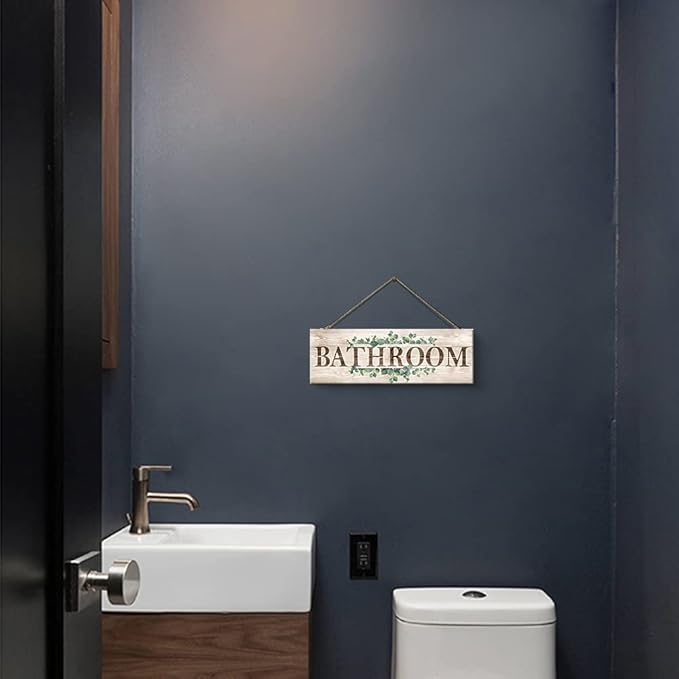 Bathroom Sign Wall Decor, Bathroom Wall Art with Plant Print, Rustic Farmhouse Wall Hanging Plaque Home Kitchen Decorative Bathroom, 4.7 x 13.7 inches