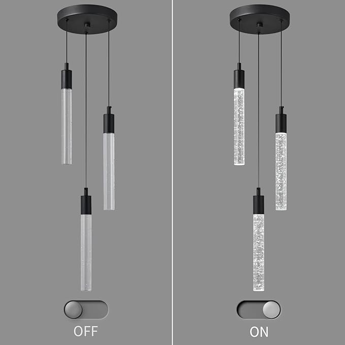 Modern Light Fixture Kitchen Island Pendant Light Dimmable LED Black Pendant Lights Mini Crystal Pendant Lighting for Bedroom Dining Room Living Room（3-Light ）