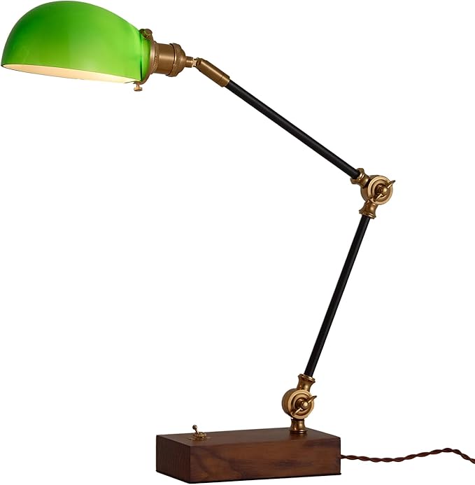 Bankers Lamp, Traditional Green Desk Lamp with Solid Ash Wood Base, Green Glass Antique Library Lamp with Power Cord Switch, Plug in Vintage Bankers Desk Lamp for Office, Study Room 【E26 Socket】