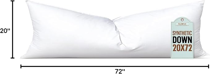 Pillowflex Synthetic Down Pillow Insert - 20x72 Down Alternative, Ultra Soft Body Pillow, Large King Body Bed Sleeping Pillow - 1 Decorative Pillow Form