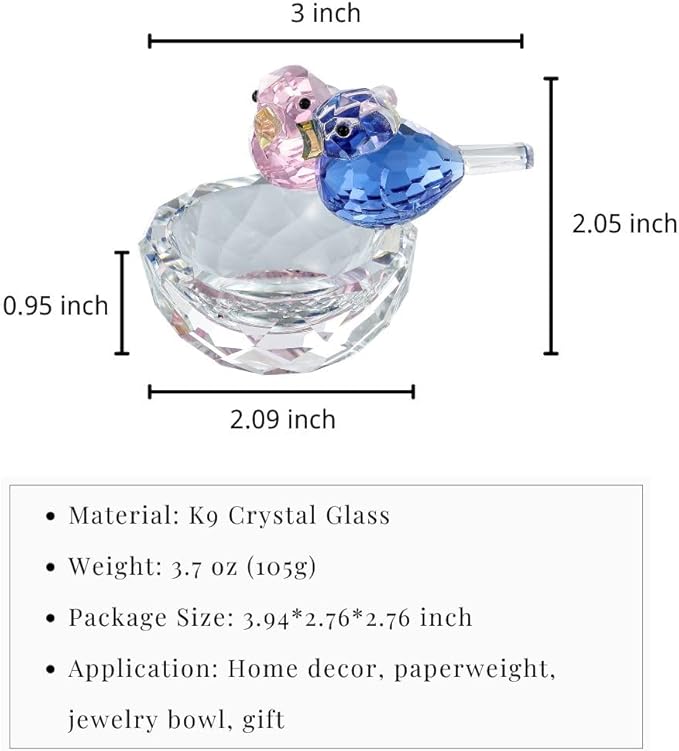 Crystal Bird Figurine Faceted Glass Birdy Nest Statue Valentine's Day Gift for Her Cute Animal Collectible Ornament Home Decor (Pink and Blue)