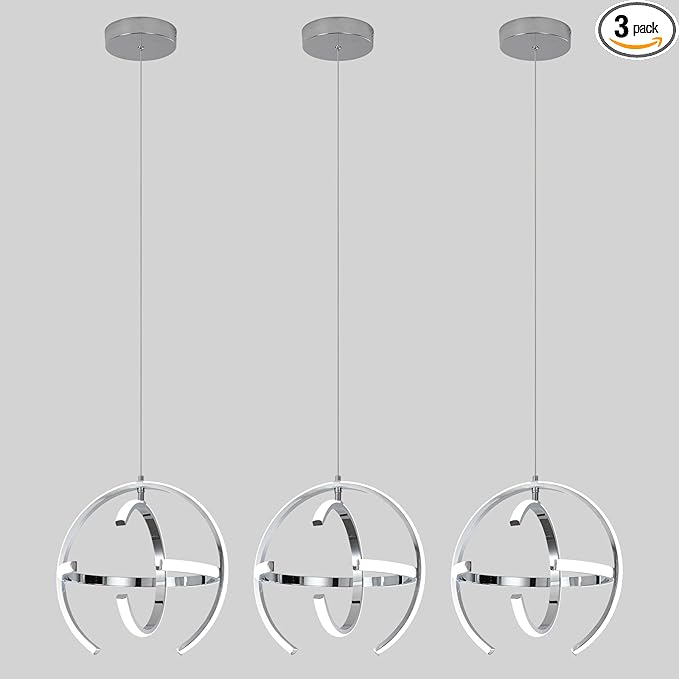 Modern Chrome LED Pendant Light, 13 Inch Silver Dimmable Metal Globe Chandelier, Hanging Ceiling Light Fixture for Room Dining Bedroom Living Room Kitchen Island Hallway Entryway Foyer (3-Pack)