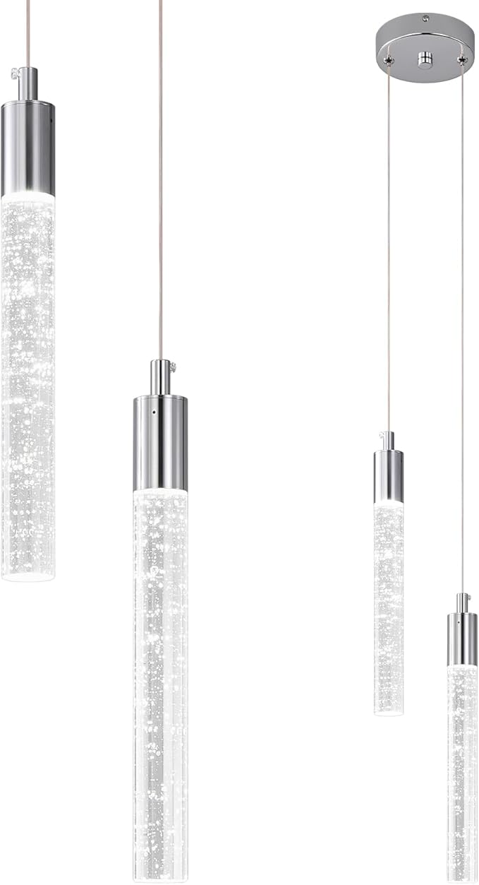 Modern Light Fixture Kitchen Island Pendant Light Dimmable LED Chrome Pendant Lights Mini Crystal Pendant Lighting for Bedroom Dining Room Living Room（2-Light ）