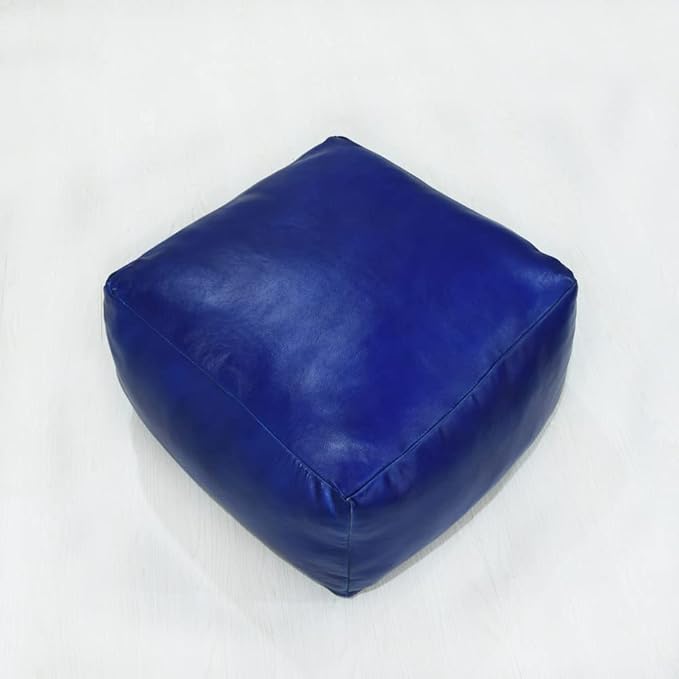 Square Shaped Goat Leather Handmade Eco-Friendly Blue Pouf - 21" x 21" x 12", Plain Solid, Recycled Foam with Fibre Fill Stuffed, Seating Pouf PF12