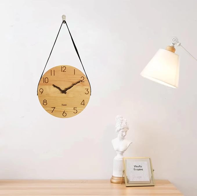 Kesin Wooden Wall Clocks 10 inch Silent Wall Clock Battery Operated Hand Made Round Farmhouse Clock with Rope Hanging Home Decor for Kitchen, Living Room, Bedroom, Office (Nature)