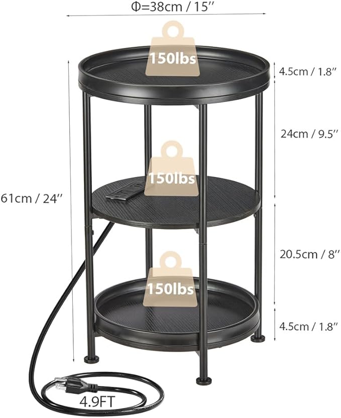Dulcii Round Side Table with Charging Station, 24'' End Table with 3 Shelves for Living Room, Bedroom Nightstand with Steel Frame for Small Spaces, Industrial Round Sofa Table (USB+Black)