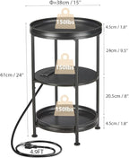 Dulcii Round Side Table with Charging Station, 24'' End Table with 3 Shelves for Living Room, Bedroom Nightstand with Steel Frame for Small Spaces, Industrial Round Sofa Table (USB+Black)
